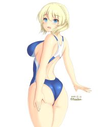 Rule 34 | 1girl, ass, blonde hair, blue eyes, blue one-piece swimsuit, braid, breasts, colorado (kancolle), competition swimsuit, cowboy shot, dated, artistic error, from behind, highres, kantai collection, large breasts, looking at viewer, montemasa, one-piece swimsuit, short hair, side braids, simple background, solo, standing, swimsuit, twitter username, white background, wrong hand