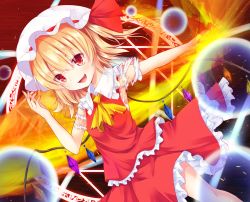 Rule 34 | 1girl, ascot, blonde hair, danmaku, dutch angle, fang, flandre scarlet, frilled shirt collar, frilled skirt, frilled vest, frills, hat, hat ribbon, looking at viewer, magic circle, merxkialis, mob cap, open mouth, outstretched arm, red eyes, red ribbon, red skirt, red vest, ribbon, short sleeves, side ponytail, skirt, smile, solo, torn clothes, torn sleeves, touhou, vest, white hat, wings