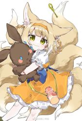 Rule 34 | 1girl, alternate costume, animal ears, arknights, baiwei er hao ji, blonde hair, bottle, braid, bubble wand, dress, feet out of frame, fox ears, fox girl, fox tail, frilled dress, frills, green eyes, hairband, hugging object, kitsune, kyuubi, looking at viewer, multiple tails, orange hairband, pantyhose, short hair, simple background, smile, solo, stuffed animal, stuffed rabbit, stuffed toy, suzuran (arknights), suzuran (let&#039;s carnival!) (arknights), tail, weibo watermark, white background, white pantyhose, yellow dress