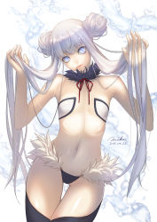 Rule 34 | 1girl, bad id, bad pixiv id, blue eyes, dated, flat chest, highres, hip focus, lips, long hair, nana mikoto, navel, original, signature, silver hair, solo, thigh gap, twintails, very long hair