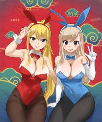 Rule 34 | 2023, 2girls, blonde hair, blue eyes, breasts, cleavage, detached collar, eden&#039;s zero, fairy tail, gaston18, highres, large breasts, long hair, lucy heartfilia, multiple girls, ponytail, rabbit ears, rebecca bluegarden