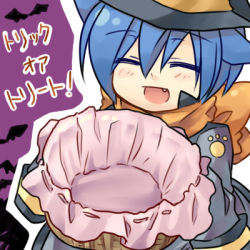 Rule 34 | 1girl, animal ears, basket, blue hair, blush, fang, halloween, kaito (vocaloid), lowres, paw print, scarf, shinyae, short hair, smile, solo, trick or treat, vocaloid