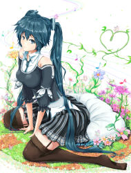 Rule 34 | 1girl, adapted costume, arm ribbon, bare shoulders, between legs, blue eyes, blue hair, bow, bowtie, bug, butterfly, expressionless, flower, fujita kanbe, garter straps, grass, hair ornament, hatsune miku, heart, bug, leaning, long hair, looking at viewer, matching hair/eyes, musical note, necktie, pillow, plant, pleated skirt, ribbon, sitting, skirt, solo, thighhighs, twintails, very long hair, vines, vocaloid, wariza