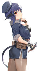Rule 34 | 1girl, akizone, ass, au ra, bag, belt, black hat, blue hair, blue jacket, blue shorts, breasts, brown belt, brown gloves, brown pantyhose, cowboy shot, final fantasy, final fantasy xiv, fingerless gloves, from side, gloves, hand on own chin, hand up, hat, highres, holding, horns, jacket, large breasts, looking at viewer, looking to the side, medium hair, open clothes, open jacket, open mouth, original, pantyhose, red eyes, renz (rirene rn), scales, shorts, simple background, solo, sweat, tail, tilted headwear, warrior of light (ff14), white background