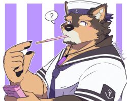 Rule 34 | 1boy, ?, anchor print, animal ears, bara, blush, brown fur, dog boy, dog ears, facial hair, food in mouth, furry, furry male, goatee, hat, jewelry, live a hero, looking at viewer, male focus, mallards, muscular, muscular male, necklace, pectorals, pocky, pocky day, pocky in mouth, pointing, pointing at self, pubraseer (live a hero), sailor, sailor collar, sailor hat, sailor shirt, shirt, short hair, sideburns, solo, spoken question mark, thick eyebrows, two-tone fur, upper body, wide-eyed
