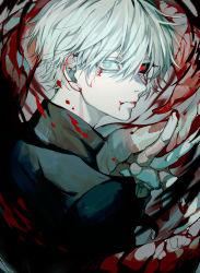Rule 34 | 1boy, absurdres, black sclera, black shirt, blood, blood from mouth, blood on face, colored sclera, from behind, from side, grey eyes, grey hair, hair between eyes, hand up, heterochromia, highres, kagune (tokyo ghoul), kaneki ken, large hands, long fingers, looking back, male focus, pale skin, red eyes, shirt, short hair, solo, tentacles, tokyo ghoul, upper body, ura take, white hair