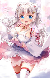 Rule 34 | 1girl, :d, animal ears, bear ears, blue eyes, blurry, blurry background, blush, breasts, cleavage, commentary request, depth of field, detached sleeves, fang, gloves, hair between eyes, hair ornament, happy new year, highres, holding, japanese clothes, kimono, large breasts, long hair, long sleeves, nengajou, new year, notice lines, open mouth, original, pink gloves, sasai saji, signature, silver hair, smile, solo, star (symbol), star hair ornament, thighhighs, twintails, very long hair, white kimono, white sleeves, white thighhighs, wide sleeves, x hair ornament