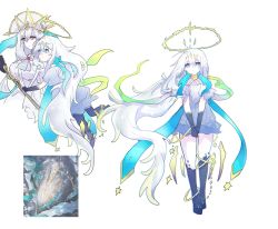 Rule 34 | 2girls, absurdly long hair, anklet, arknights, bare legs, blue bow, blue eyes, blue skin, bow, bracelet, colored skin, commentary, constellation print, dress, expressionless, gold trim, gradient skin, hagoromo, hair bow, halo, highres, jewelry, leglet, long hair, looking at viewer, multiple girls, necklace, personification, phoenix crown, red eyes, shawl, short sleeves, simple background, skadi&#039;s seaborn (arknights), skadi (arknights), skadi the corrupting heart (arknights), skadi the corrupting heart (sublimation) (arknights), thighlet, tsume3mai, v arms, very long hair, white background, white dress, white hair