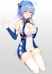 Rule 34 | 1girl, :d, abcfj1739839210, absurdres, ahoge, armpit crease, azur lane, bad id, bad pixiv id, bare shoulders, blue hair, blush, breasts, buttons, chinese commentary, cleavage, collarbone, commentary request, covered navel, dated, detached sleeves, diamond (shape), dress, full body, garter straps, gloves, gradient background, hair between eyes, hair ornament, hand on own chest, hands up, highres, large breasts, long hair, looking at viewer, open mouth, purple eyes, searchlight, seiza, short dress, side ponytail, sideboob, sidelocks, signature, simple background, sitting, smile, solo, st. louis (azur lane), taitai, taut clothes, taut dress, thighhighs, white gloves, white thighhighs, zettai ryouiki