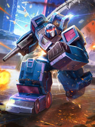 Rule 34 | 1boy, absurdres, angry, artist request, battle, box art, building, cable, clenched hand, cybertron, damaged, debris, decepticon, dirty, energy, energy beam, energy gun, explosion, fighting stance, glowing, glowing eyes, highres, hologram, lights, machinery, mask, mecha, official art, promotional art, realistic, red eyes, roadtrap (transformers), robot, science fiction, shield, sparks, tire, transformers, visor, weapon