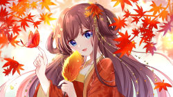 Rule 34 | 1girl, :d, autumn, autumn leaves, blue eyes, branch, brown hair, bug, butterfly, butterfly on hand, chinese clothes, chinese commentary, dress, flower, gou lianlian dogface, hair flower, hair ornament, hair rings, hanfu, highres, holding, holding flower, insect, leaf, leaf hair ornament, long hair, looking at viewer, open mouth, original, red dress, sidelocks, smile, solo, twintails, upper body, virtual youtuber