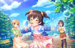 Rule 34 | 10s, 3girls, aiba yumi, akagi miria, artist request, bench, black hair, blonde hair, blue sky, blush, brown eyes, bubble, blowing bubbles, bubble pipe, closed eyes, cloud, day, glasses, idolmaster, idolmaster cinderella girls, idolmaster cinderella girls starlight stage, jewelry, kamijo haruna, long skirt, multiple girls, necklace, official art, outdoors, park, short hair, shorts, skirt, sky, smile, thighhighs, tree, twintails, two side up