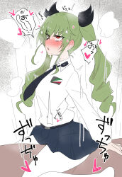 Rule 34 | 1boy, 1girl, ame (amechan17391739), anchovy (girls und panzer), anzio school uniform, arm support, blush, brown eyes, clothed female nude male, clothed sex, commentary request, drill hair, from side, girl on top, girls und panzer, green hair, hair ribbon, hetero, highres, implied sex, necktie, nude, pantyhose, ribbon, school uniform, sex, skirt, speech bubble, twin drills, twintails