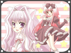 Rule 34 | 2girls, :d, animal ears, bare legs, black bow, blush, bow, breasts, cat ears, cleavage, hair bow, hair intakes, long hair, looking at viewer, mika mikan, multiple girls, open mouth, original, pink hair, purple eyes, red ribbon, ribbon, round teeth, smile, standing, teeth, upskirt, very long hair, wind, wind lift