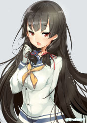 Rule 34 | 10s, 1girl, adjusting hair, black hair, commentary request, fang, gloves, hair ribbon, highres, isokaze (kancolle), kantai collection, long hair, looking at viewer, naitou ryuu, open mouth, red eyes, ribbon, school uniform, serafuku, solo, white gloves