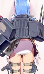 Rule 34 | 10s, 1girl, aburisamon, arms at sides, ass, blue hair, cannon, clothes lift, from behind, gloves, gradient background, hatsukaze (kancolle), kantai collection, long hair, mecha musume, panties, pleated skirt, rocket, school uniform, skirt, skirt lift, solo, turret, underwear, wardrobe malfunction, white gloves, white panties
