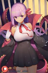Rule 34 | &gt;:), 1girl, arm at side, artist name, bare shoulders, bb (fate), bb (swimsuit mooncancer) (third ascension) (fate), black coat, black skirt, breasts, closed mouth, coat, collared shirt, cowboy shot, fate/grand order, fate (series), full moon, gloves, hair ribbon, hentaki, high-waist skirt, highres, large breasts, light particles, long hair, long sleeves, looking at viewer, moon, neck ribbon, open clothes, open coat, patreon logo, pink ribbon, purple eyes, purple hair, ribbon, shirt, skirt, smile, solo, tentacles, thighs, v-shaped eyebrows, very long hair, white gloves, white shirt