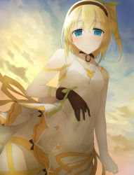 Rule 34 | 10s, 1girl, akitaka (pixiv12739753), bare shoulders, black neckwear, blonde hair, blue eyes, blush, breasts, choker, dress, edna (tales), gloves, gradient background, hair ornament, hair ribbon, hairband, highres, open mouth, ribbon, short hair, side ponytail, sky, solo, tales of (series), tales of zestiria