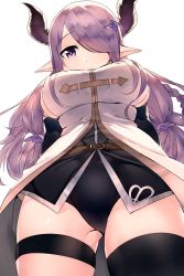 Rule 34 | 10s, 1girl, alternate eye color, black gloves, black panties, black thighhighs, braid, breasts, chinese clothes, demon horns, draph, elbow gloves, from below, gloves, granblue fantasy, hair ornament, hair over one eye, highres, horns, jun project, large breasts, light purple hair, long hair, looking at viewer, narmaya (granblue fantasy), panties, pointy ears, purple eyes, purple hair, single braid, single thighhigh, solo, thigh strap, thighhighs, thighs, underwear