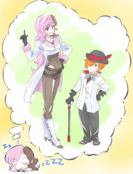 Rule 34 | 1boy, 1girl, :&lt;, alternate height, boots, brown hair, cropped jacket, dreaming, gloves, gradient background, hair over one eye, hat, height difference, height switch, heterochromia, highres, iesupa, long hair, multicolored hair, neo politan, pink eyes, roman torchwick, rwby, sleeping, smile, thought bubble, two-tone hair, very long hair, zzz