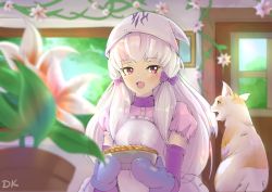 Rule 34 | 1girl, alternate costume, apron, bow, cat, deekei, fire emblem, fire emblem: three houses, flower, food, hair bow, holding, long hair, lysithea von ordelia, mittens, nintendo, open mouth, pie, pink eyes, purple bow, solo, upper body, white hair, window
