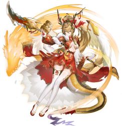 Rule 34 | 1girl, aged up, ahoge, ark order, asymmetrical sleeves, bamboo steamer, baozi, blonde hair, blouse, bow, braid, breasts, bridal gauntlets, center opening, dragon, dragon horns, dragon tail, dragon wings, feathered wings, flats, food, full body, fur-trimmed sleeves, fur trim, gloves, gold trim, hair bow, high ponytail, highres, holding, holding polearm, holding weapon, horns, large breasts, leg ribbon, long hair, long sleeves, looking at viewer, mismatched sleeves, official art, parted lips, polearm, pppppan, puffy long sleeves, puffy sleeves, red bow, red footwear, red gloves, red ribbon, red shirt, red skirt, ribbon, shirt, skirt, solo, tachi-e, tail, thigh ribbon, thighhighs, transparent background, very long hair, weapon, white shirt, white thighhighs, white wings, wide sleeves, wings, yellow eyes, yinglong (ark order)
