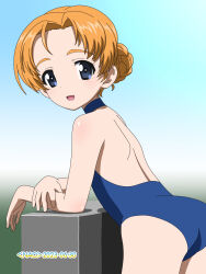 Rule 34 | 1girl, ass, blue eyes, blue one-piece swimsuit, blush, braid, girls und panzer, highres, looking at viewer, naotosi, one-piece swimsuit, open mouth, orange hair, orange pekoe (girls und panzer), smile, solo, swimsuit