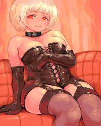 Rule 34 | 1girl, bare shoulders, blonde hair, bondage outfit, breasts, cleavage, collar, corset, elbow gloves, garter straps, gloves, large breasts, looking at viewer, lowres, muchimuchi-san, oekaki, original, plump, red eyes, red theme, shigatake, short hair, sitting, smile, solo, thighhighs