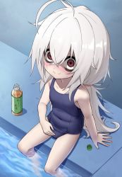 Rule 34 | 1girl, absurdres, ahoge, bags under eyes, blue one-piece swimsuit, bottle, bottle cap, covered navel, eha7y, from above, grey hair, hand on own crotch, highres, long hair, looking at viewer, looking up, messy hair, one-piece swimsuit, original, outdoors, ponytail, pool, poolside, protected link, red eyes, school swimsuit, shaded face, sitting, smile, soaking feet, solo, sweat, swimsuit, thighs, very long hair, wasabi-chan (eha7y)