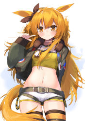Rule 34 | 1girl, animal ears, blush, bow, breasts, brown eyes, brown hair, brown ribbon, closed mouth, commentary request, crop top, ear ribbon, groin, hair between eyes, hand up, highres, horse ears, horse girl, horse tail, index finger raised, jacket, long hair, long sleeves, mayano top gun (umamusume), midriff, moti yousei, navel, open clothes, open jacket, puffy long sleeves, puffy sleeves, ribbon, shirt, short shorts, shorts, sleeves past wrists, small breasts, smile, solo, tail, thighhighs, two side up, umamusume, very long hair, white background, white shorts, yellow shirt, yellow thighhighs