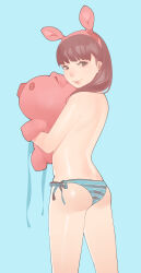Rule 34 | 1girl, absurdres, ass, back, bikini, blue background, brown hair, closed mouth, commentary, dimples of venus, eyelashes, feet out of frame, goophilia, grey eyes, hairband, highres, holding, holding stuffed toy, long hair, looking back, original, pink hairband, side-tie bikini bottom, simple background, smile, solo, stuffed animal, stuffed pig, stuffed toy, swimsuit, topless