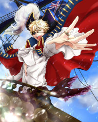 Rule 34 | 00s, 1boy, 222, axis powers hetalia, bad id, bad pixiv id, blonde hair, coat, eyepatch, green eyes, hat, jewelry, male focus, open clothes, open shirt, outdoors, pirate, ring, ship, shirt, sky, solo, united kingdom (hetalia), watercraft