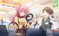Rule 34 | 2girls, apron, blurry, brown hair, closed eyes, depth of field, glasses, holding, long hair, momoi airi, multiple girls, official art, open mouth, pink hair, project sekai, shirt, smile