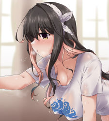 Rule 34 | 1girl, alternate costume, black hair, blouse, blush, breasts, breath, casual, cleavage, clothes writing, collarbone, curtains, hairband, highres, huge breasts, indoors, kantai collection, long hair, looking to the side, multicolored hair, naganami (kancolle), no bra, open mouth, pink hair, ribbon, see-through, shirt, short sleeves, solo, steam, sweat, t-shirt, two-tone hair, wavy hair, wet, wet clothes, wet shirt, white hairband, white shirt, window, yellow eyes, yoshi tama