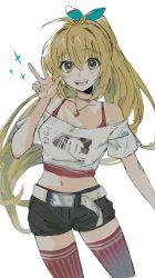 Rule 34 | 1girl, alternate costume, belt, black shorts, blonde hair, blush, breasts, commentary, crop top, green eyes, hair between eyes, hair ribbon, highres, imamiya pinoko, jewelry, long hair, midriff, navel, necklace, open mouth, ponytail, red thighhighs, ribbon, shorts, sidelocks, simple background, solo, sparkle, thighhighs, tsurumaki maki, very long hair, voiceroid, w, white background, white belt