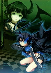 Rule 34 | 10s, absurdres, belt, bikini, bikini top only, black hair, black rock shooter, black rock shooter (character), blue eyes, boots, cape, choker, dead master, dmyotic, green eyes, highres, horns, legs, long hair, magic, shirahane nao, shorts, swimsuit, thigh boots, thighhighs, twintails, unzipped, wings
