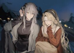 Rule 34 | 2girls, arknights, black pants, black sweater, blonde hair, blurry, blurry background, brown dress, cardigan, closed eyes, commentary, dress, grey hair, grey jacket, happy, head rest, highres, horns, jacket, joshua (shisanli934), kristen (arknights), long hair, long sleeves, looking at another, multiple girls, night, open mouth, orange eyes, outdoors, pants, ponytail, red cardigan, saria (arknights), smile, spaghetti strap, sweater, turtleneck, turtleneck sweater