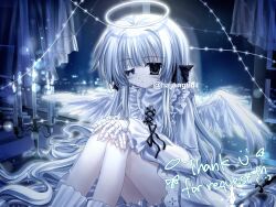 Rule 34 | 1girl, 2000s (style), absurdres, angel, artist name, candle, candlestand, commission, dress, english text, expressionless, eyepatch, gothic lolita, hajang68, halo, highres, lolita fashion, long hair, looking at viewer, original, solo, very long hair, white dress, white halo, white wings, wings