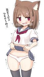 Rule 34 | 1girl, absurdres, animal ear fluff, animal ears, black thighhighs, blush, bow, bow panties, breath, brown hair, cat ears, clothes lift, crop top, embarrassed, feet out of frame, gluteal fold, grey sailor collar, grey skirt, hair ornament, heart, heart hair ornament, highres, japanese text, lifting own clothes, medium hair, neckerchief, open mouth, original, panties, pleated skirt, red eyes, red neckerchief, sailor collar, school uniform, serafuku, shirt, short sleeves, sideways glance, simple background, sinasimu4746, skirt, skirt lift, solo, standing, straight hair, sweat, tearing up, thighhighs, trembling, tsurime, underwear, v-shaped eyebrows, white background, white panties, white shirt