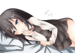Rule 34 | 1girl, asashio (kancolle), bed sheet, black dress, black hair, blue eyes, blush, collared shirt, commentary request, covered mouth, dakkusu, dated, dress, hair between eyes, hand up, kantai collection, long sleeves, looking at viewer, lying, on side, pillow, pinafore dress, pleated dress, sheet grab, shirt, signature, sleeveless, sleeveless dress, solo, white background, white shirt