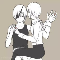 Rule 34 | 2girls, bare shoulders, black eyes, black necktie, black pants, black shirt, braid, braided ponytail, breasts, business suit, chainsaw man, collared shirt, couple, expressionless, eyepatch, formal, girl on top, grey background, highres, holding hands, jewelry, long sleeves, looking at another, looking at viewer, makima (chainsaw man), medium hair, monochrome, multiple girls, necktie, overestimated10, pants, ponytail, quanxi (chainsaw man), ring, shirt, shirt tucked in, sitting, sitting on lap, sitting on person, sleeveless, sleeveless shirt, small breasts, suit, tank top, thick thighs, thighs, wedding ring, white shirt, wife and wife, yuri