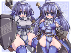 Rule 34 | 2girls, blue eyes, blue hair, blush, breasts, capcom, character request, covered erect nipples, curvy, detached sleeves, female focus, groin, hair ornament, large breasts, loincloth, long hair, mace, monster hunter (series), multiple girls, rakuma kanori, shield, standing, sword, thighhighs, weapon, wide hips