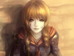 Rule 34 | 1girl, ask (askzy), blood, blood on face, braid, brown eyes, brown hair, cape, cinque (fft-0), crying, drill hair, final fantasy, final fantasy type-0, long hair, portrait, realistic, solo, teeth