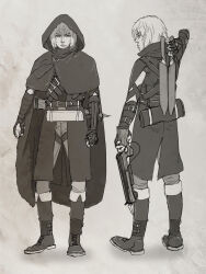 Rule 34 | 1boy, alternate costume, belt, boots, buckle, cloak, closed mouth, from behind, full body, highres, hisayoshi, holding, holding weapon, hood, hood up, looking at viewer, male focus, monochrome, multiple views, solo, thorfinn, vinland saga, weapon, weapon on back