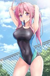Rule 34 | 1girl, ahoge, armpits, arms up, bare arms, bare shoulders, black one-piece swimsuit, blue one-piece swimsuit, blue ribbon, blue sky, blush, breasts, chain-link fence, collarbone, competition swimsuit, covered navel, cowboy shot, day, fence, gluteal fold, green one-piece swimsuit, hair tie, hair tie in mouth, highres, koyuki (kotatsu358), large breasts, long hair, looking at viewer, mouth hold, multicolored clothes, multicolored swimsuit, neet de otaku na kunoichi to naze ka dousei hajimemashita, one-piece swimsuit, outdoors, paid reward available, pink hair, ponytail, purple eyes, ribbon, shizuri (neet de otaku na kunoichi to naze ka dousei hajimemashita), sidelocks, sky, solo, swimsuit, thighs, tying hair, water drop