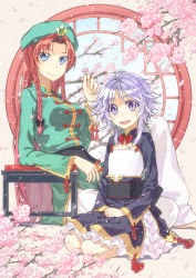 Rule 34 | 2girls, :d, alternate costume, alternate hairstyle, arm support, barefoot, beret, blue eyes, braid, breasts, cherry blossoms, chinese clothes, dress, embodiment of scarlet devil, female focus, flat chest, hakui ami, hat, highres, hong meiling, izayoi sakuya, light purple hair, long hair, looking at viewer, medium breasts, multiple girls, open mouth, petals, purple eyes, purple hair, red hair, round window, seiza, short hair, sitting, small breasts, smile, touhou, twin braids, window, aged down
