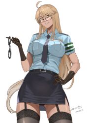 Rule 34 | 1girl, ahoge, alma armas, alternate costume, armband, between breasts, black-framed eyewear, black necktie, black panties, black thighhighs, blonde hair, blue shirt, breast pocket, breasts, commentary, commission, cuffs, dark-skinned female, dark skin, english commentary, eyebrows hidden by hair, garter straps, glasses, green armband, hand on own hip, hand up, handcuffs, highres, impossible clothes, impossible shirt, long hair, looking at viewer, mechanical arms, miniskirt, necktie, necktie between breasts, panties, pantyshot, parted lips, pencil skirt, pocket, police, police uniform, policewoman, prosthesis, prosthetic arm, rectangular eyewear, seilindekos, shirt, simple background, skirt, smile, solo, striped armband, thighhighs, two-tone armband, underwear, uniform, va-11 hall-a, white armband, white background, yellow eyes