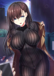 Rule 34 | 1girl, alley, black bodysuit, blue eyes, blurry, blurry background, blurry foreground, blush, bodysuit, breasts, brown coat, brown hair, can, cellphone, coat, commentary request, condom, cowboy shot, depth of field, drink can, full-length zipper, groin, hair ornament, hairclip, impossible bodysuit, impossible clothes, iro ame (amewaagada), lamppost, large breasts, leaning to the side, long hair, looking at viewer, night, open clothes, open coat, original, outdoors, parted lips, phone, pov, skin tight, smartphone, smile, soda can, solo focus, sparkle, striped, thigh gap, town, trench coat, undressing, used condom, vertical stripes, zipper, zipper pull tab