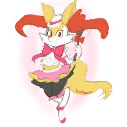 Rule 34 | 1girl, animal ears, artist name, bow, braixen, closed mouth, clothed pokemon, creatures (company), female focus, fox ears, fox tail, full body, furry, furry female, game freak, gen 6 pokemon, hand up, happy, hat, highres, holding, jpeg artifacts, kneehighs, looking at viewer, mezmaroon, midriff, nintendo, pink background, pink bow, pink ribbon, pink skirt, pokemon, pokemon (anime), pokemon (creature), pokemon xy (anime), red bow, red eyes, ribbon, shirt, showgirl skirt, signature, simple background, sketch, skirt, sleeveless, sleeveless shirt, smile, socks, solo, standing, standing on one leg, stick, tail, white hat, white shirt, white socks