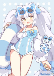 1girl :d animal animal_ears bare_shoulders bear bear_ears blue-framed_eyewear blue_background blue_bow blue_one-piece_swimsuit blush bow brown_eyes commentary_request covered_navel eyewear_on_head frilled_one-piece_swimsuit frills grey_hair highres holding innertube long_hair long_sleeves looking_at_viewer magical_girl one-piece_swimsuit open_mouth original polar_bear puffy_long_sleeves puffy_sleeves ryoku_sui signature smile snowflakes solo sunglasses swim_ring swimsuit twintails very_long_hair